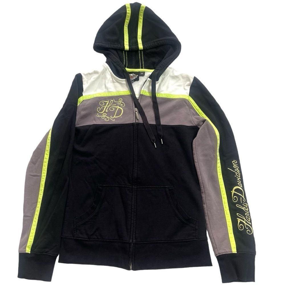 Harley Davidson Woman's Full Zip‎ Hooded Sweater Size XS Black Neon Green White